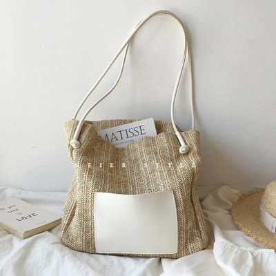 女性用パーソナライズされたカジュアル トート 2つのハンドル/ストラップ 夏のシービーチ トリム ラフィアバッグ