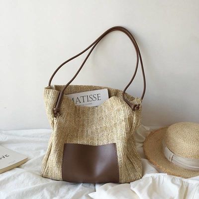 女性用パーソナライズされたカジュアル トート 2つのハンドル/ストラップ 夏のシービーチ トリム ラフィアバッグ