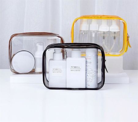 カスタム ロゴ 透明 PVC メイクアップ バッグ 女性用 小型 トイレットリー バッグ ダブルジッパー