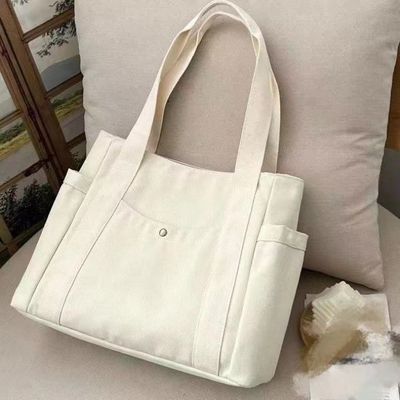 シンプル 再利用可能 カラー 旅行や出張用のジッパー付き 大型綿キャンバス トートバッグ