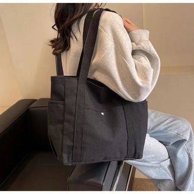 シンプル 再利用可能 カラー 旅行や出張用のジッパー付き 大型綿キャンバス トートバッグ