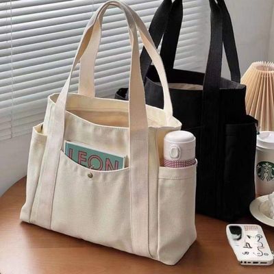 シンプル 再利用可能 カラー 旅行や出張用のジッパー付き 大型綿キャンバス トートバッグ