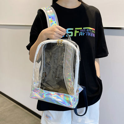 スタイリッシュ 透明なPVCリュックサック 女性用ゼリーストライプ 縫い目 レインボーホログラム 日用