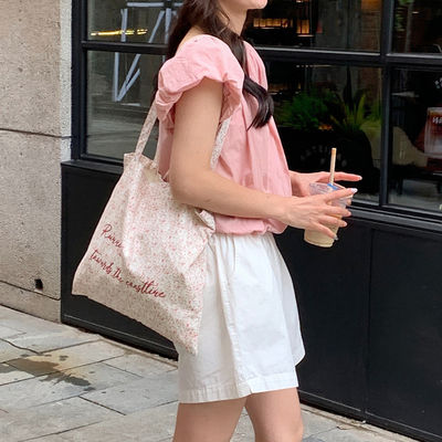 カスタム ピンク フローラル ビーチ トートバッグ 天然 キャンバス レディース ショルダーバッグ 女性用