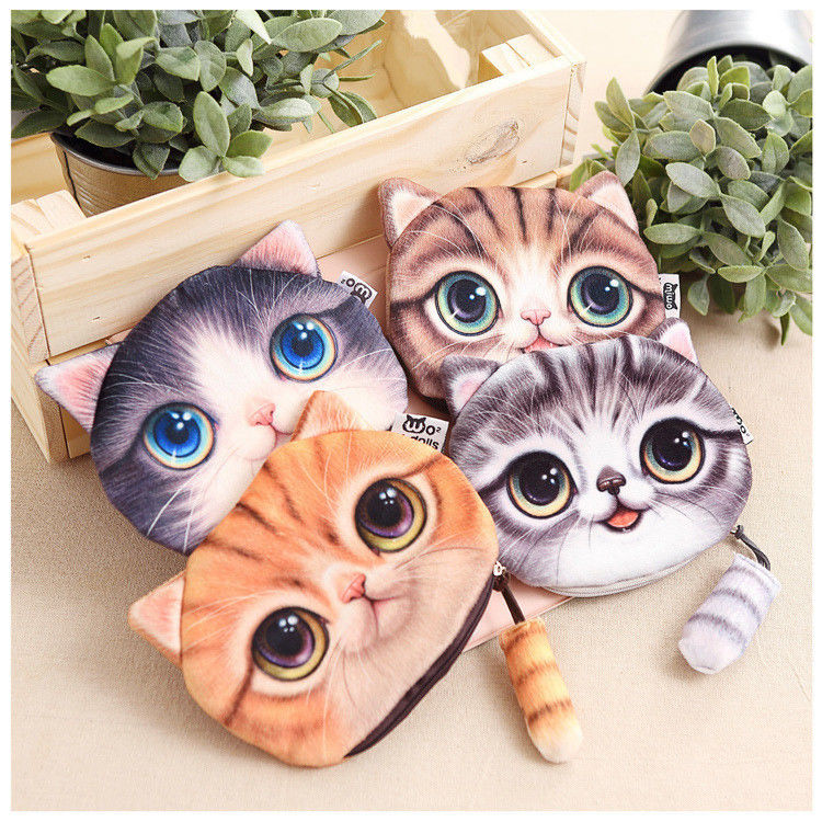 カスタマイズされたカラープラシュ メイクアップバッグ 3D猫コインバッグと動物プリント尾ジッパー
