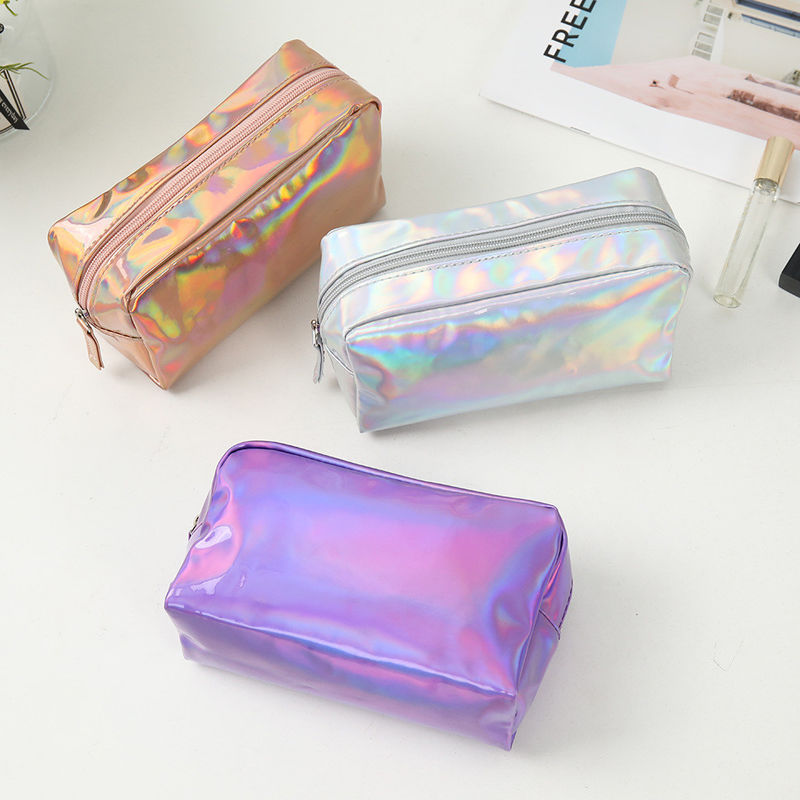 PU 化粧品 バッグ カスタム ロゴ ホログラム シルバー 紫 防水 ジッパー バッグ ローズ ゴールド メイク バッグ ファッション